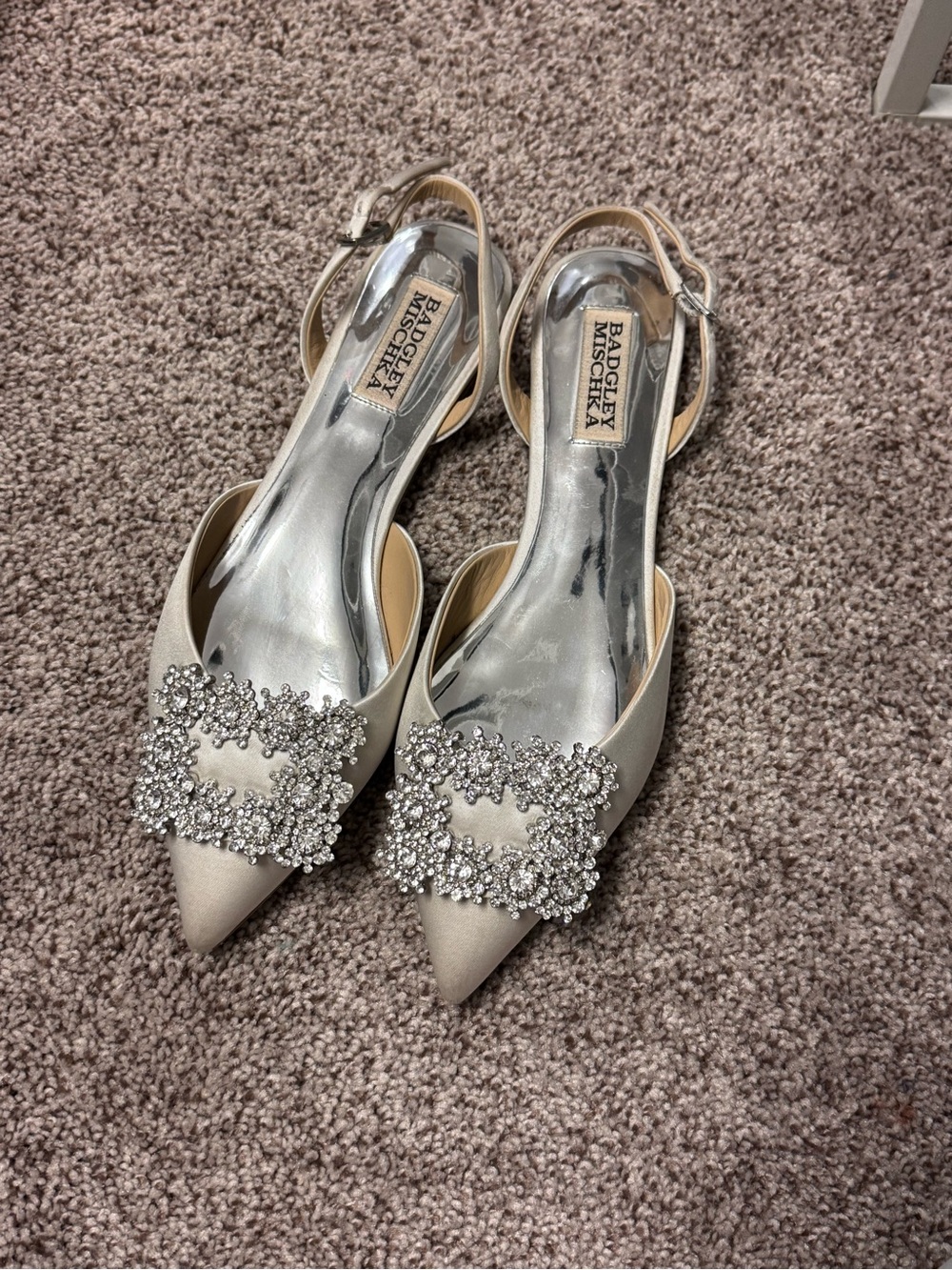 Badgley Mischka Silver Embellished Slingback Pointed Flats
